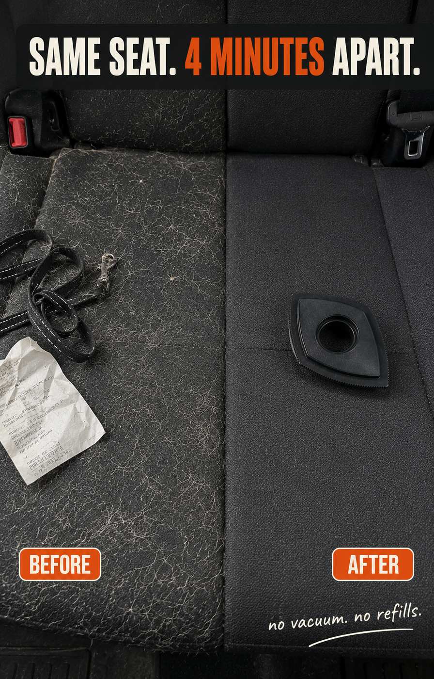 Husky fur embedded in a car back seat, shown before and after using Furget It — same seat, 4 minutes apart