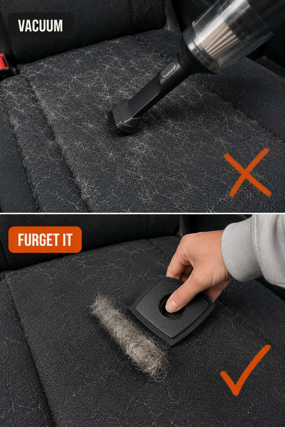 Vacuum leaving husky fur embedded in a car seat versus Furget It lifting it off in a clump