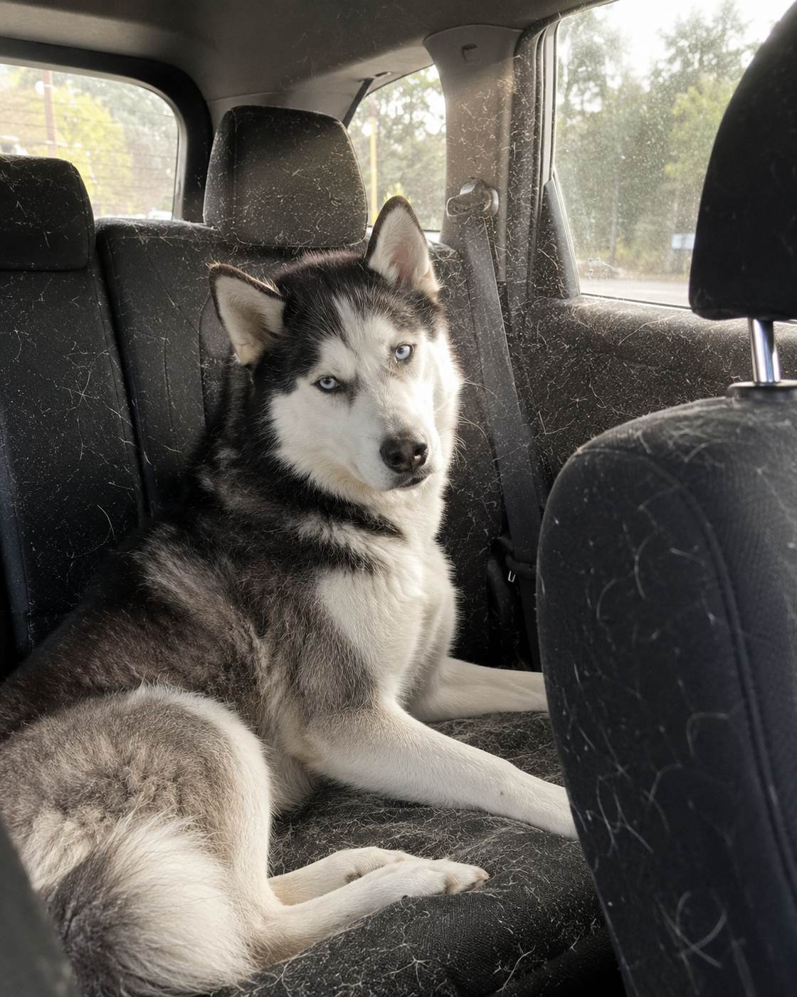 Husky sitting in a fur-covered car back seat